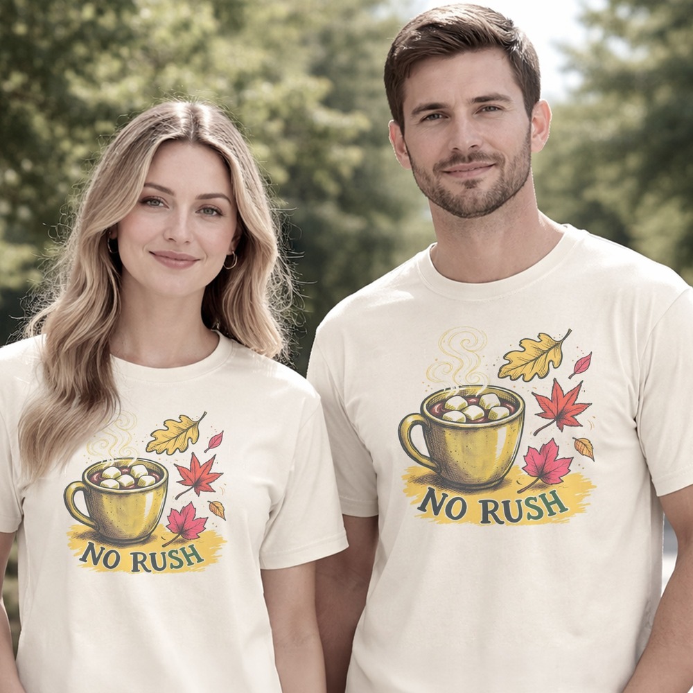 No Rush Cocoa Mug Steaming Through Autumn Leaves Tee